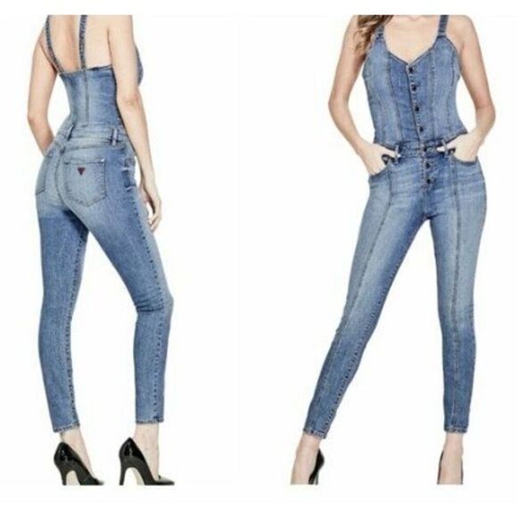 GUESS Vanessa sweetheart Denim overall Size 32 Blue Sweetheart Neckline Casual - Picture 1 of 10